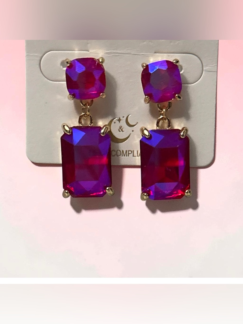 Pink AB Glass Square shape 2 link cushion cut glass stud earrings.